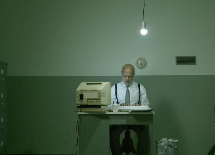 Man on a computer in a dimly lit room