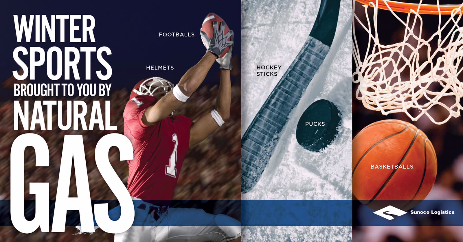 Energy transfer winter sports graphic of football player and other winter sports