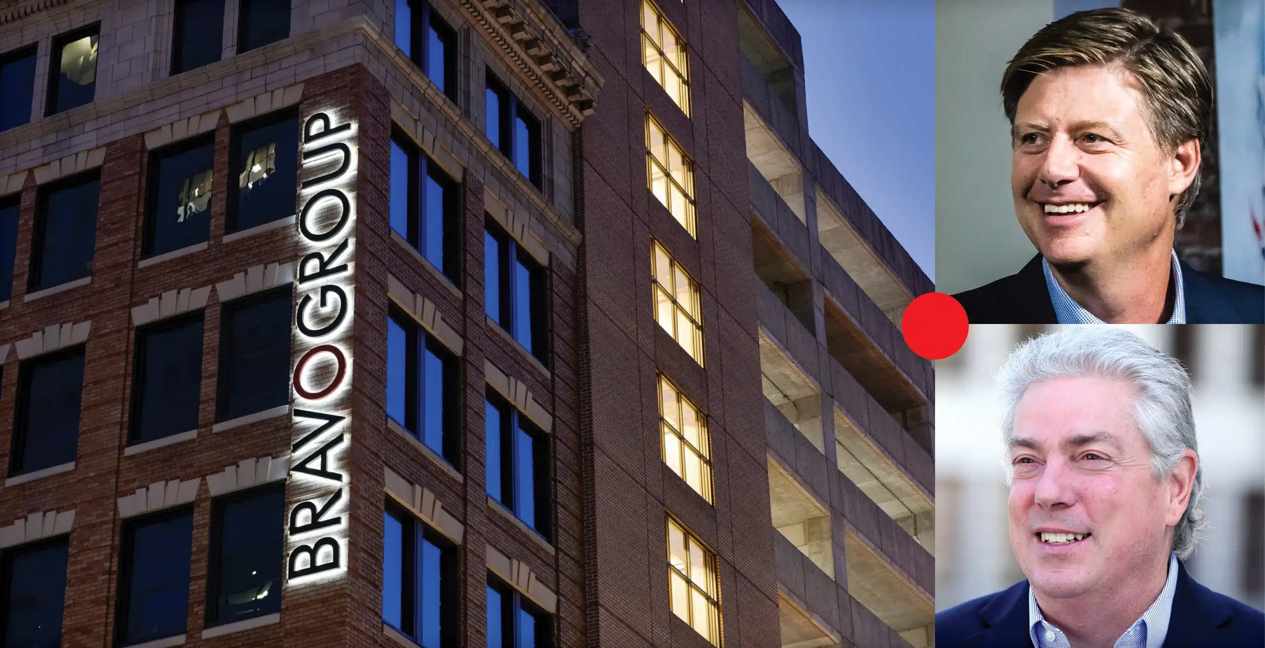 Bravo Group exterior. Along with headshots of Dennis Walsh and Chris Bravacos.