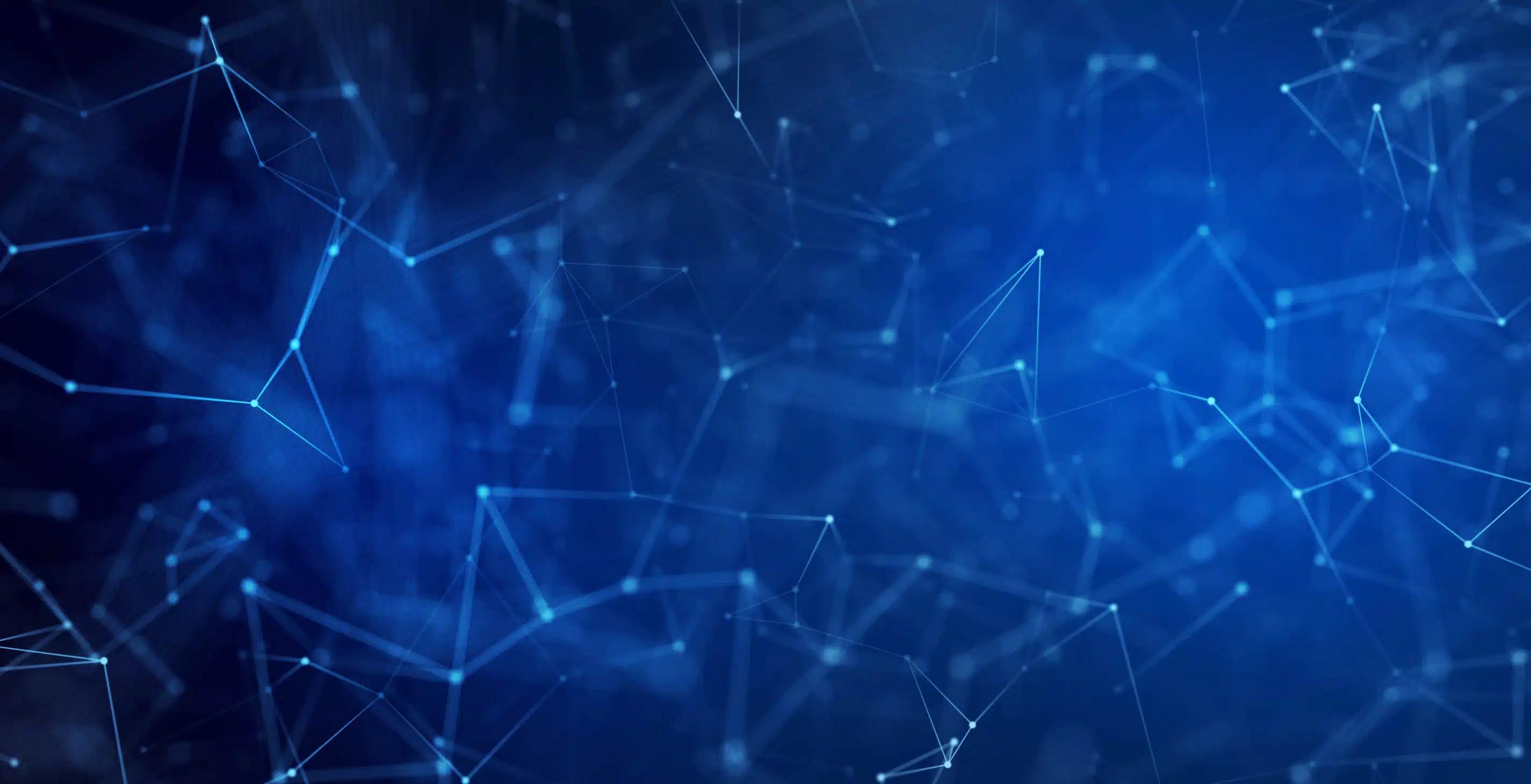 A digital illustration of a glowing blue neural network with nodes and interconnecting lines on a dark background.