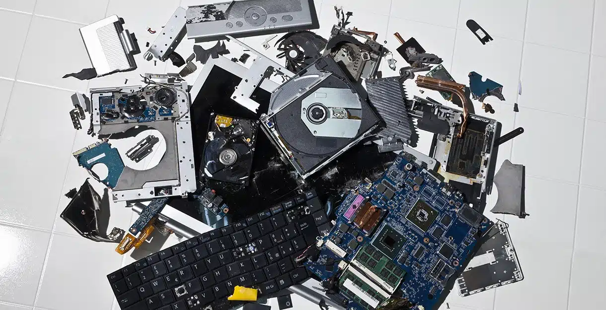 A pile of disassembled computer components and electronic scrap.