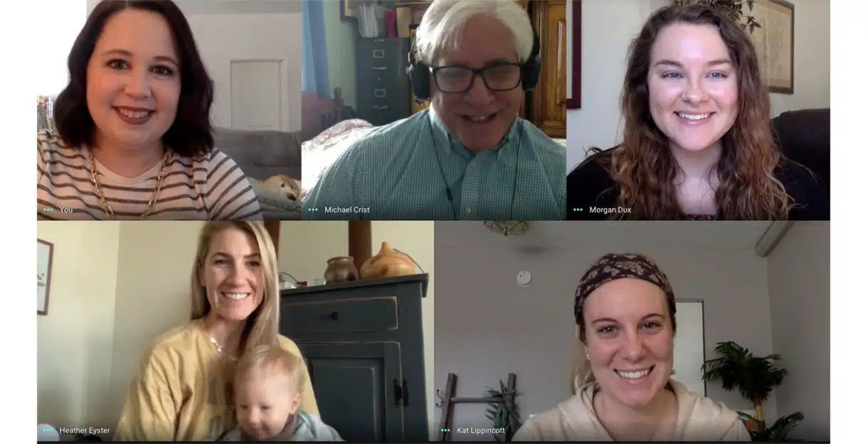 A grid of five video call screens showing diverse people working remotely in home settings.