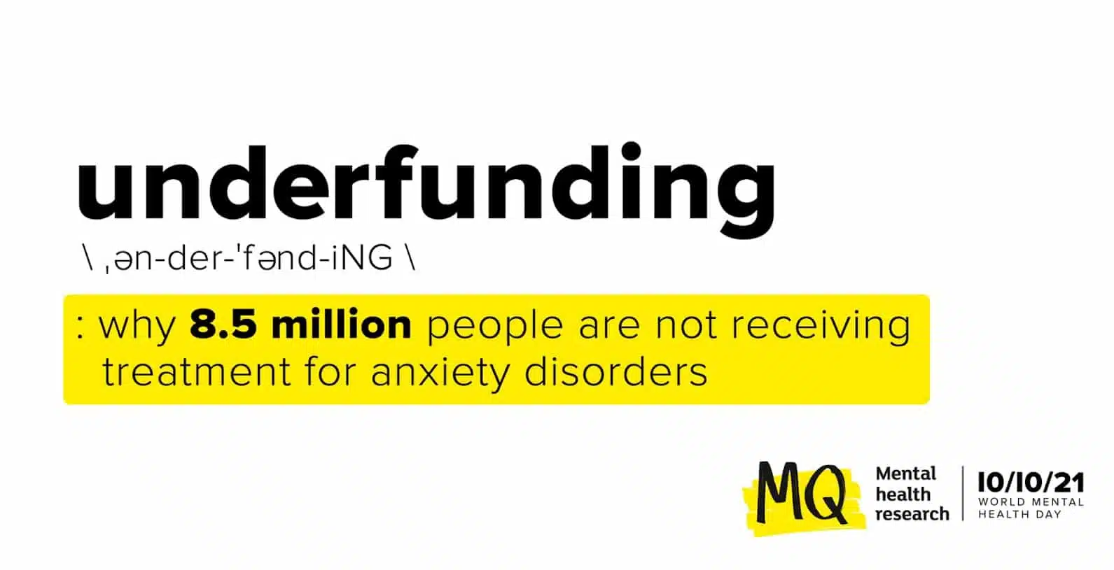 A graphic defining "underfunding" in the context of mental health research, noting that 8.5 million people are not receiving treatment for anxiety disorders.