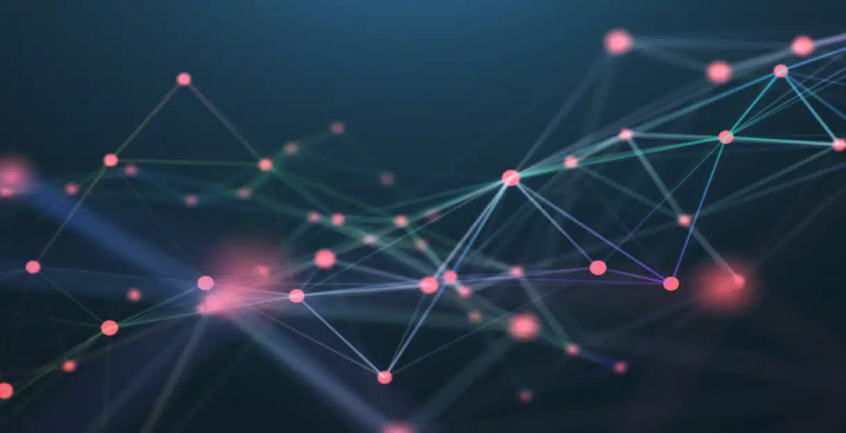 A digital illustration of a glowing network with interconnected nodes and lines on a dark background.